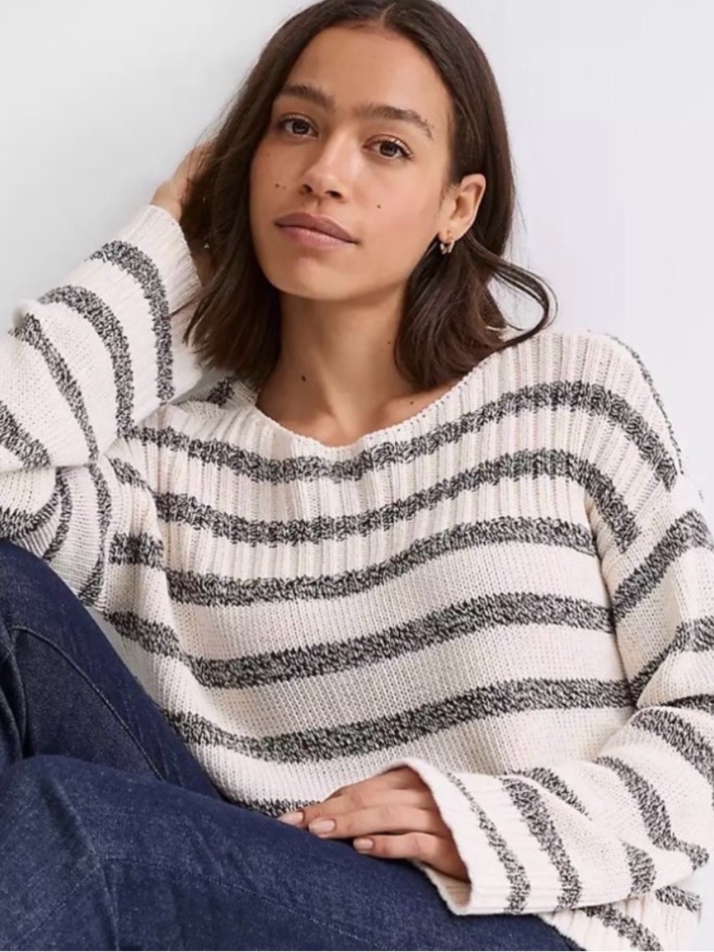NWT LOFT Cream and Black Ribbed Striped Boatneck Sweater - S